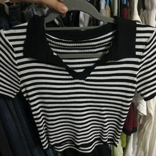 [BUNJANG] Striped Cropped T-Shirt / 반팔 크롭 스트라이프 티셔츠