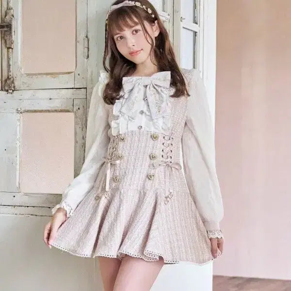 [BUNJANG] LIZ LISA Message Ribbon Tweed Setup Set (Pink/Blue) / LIZ LISA 리즈리사 메시지 리본 트위드 셋업