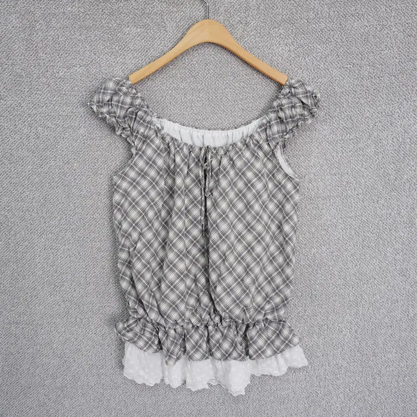[BUNJANG] Women's Check Lace Cap Sleeve Tank Blouse / 여성 체크 레이스 캡소매 나시 블라우스 free