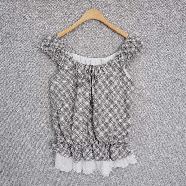 [BUNJANG] Women's Check Lace Cap Sleeve Tank Blouse / 여성 체크 레이스 캡소매 나시 블라우스 free