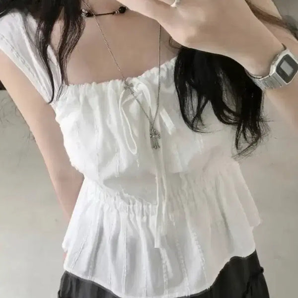 [BUNJANG] White Shirring Bustier Tank Top / [새상품] 화이트 셔링 뷔스티에 나시