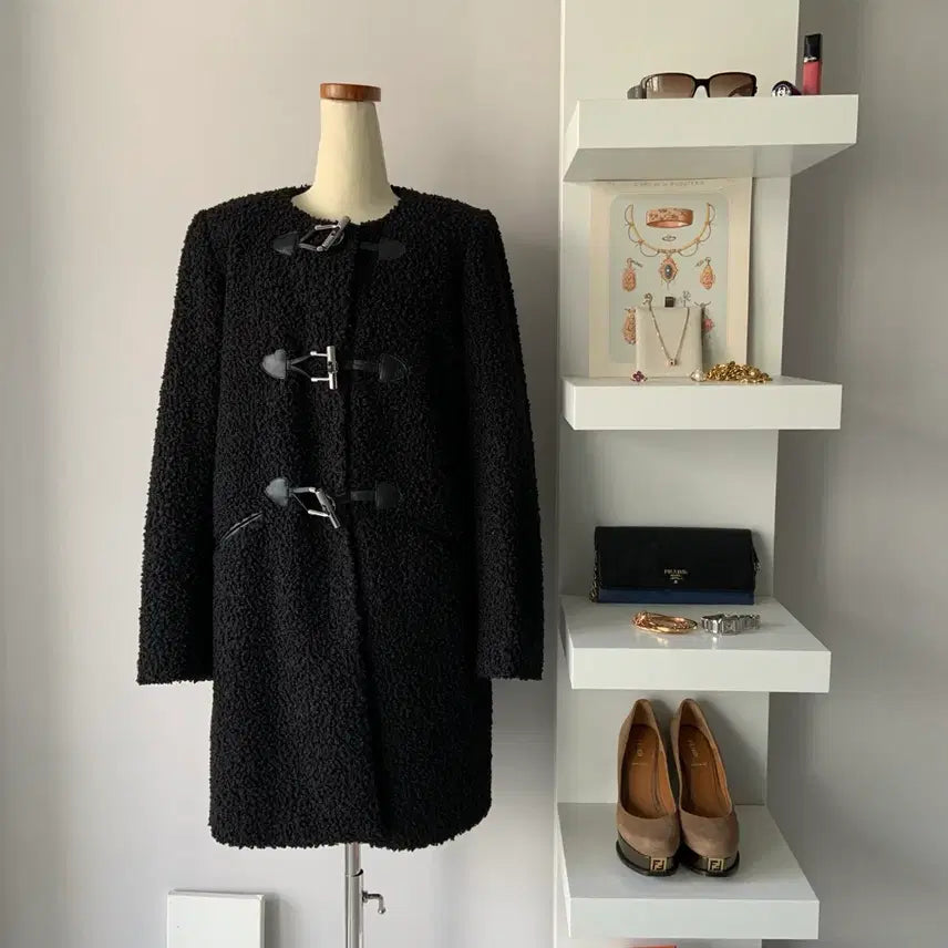 [BUNJANG] Sandro Black Buckle Detail Boucle Long Coat / [55] 산드로(Sandro) 블랙 버클 포인트 부클 롱 코트