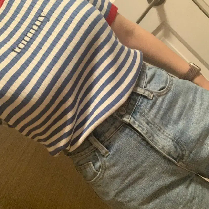 [BUNJANG] Tommy Hilfiger Short Sleeve Knit Blue Stripe / 타미 반팔 니트