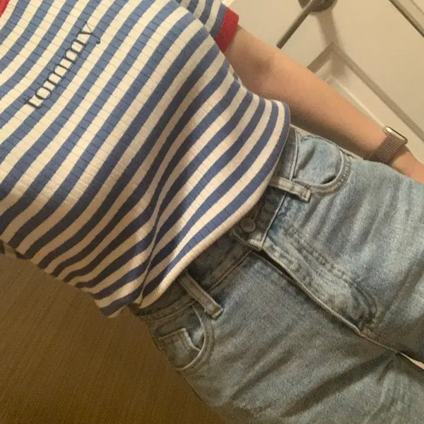 [BUNJANG] Tommy Hilfiger Short Sleeve Knit Blue Stripe / 타미 반팔 니트