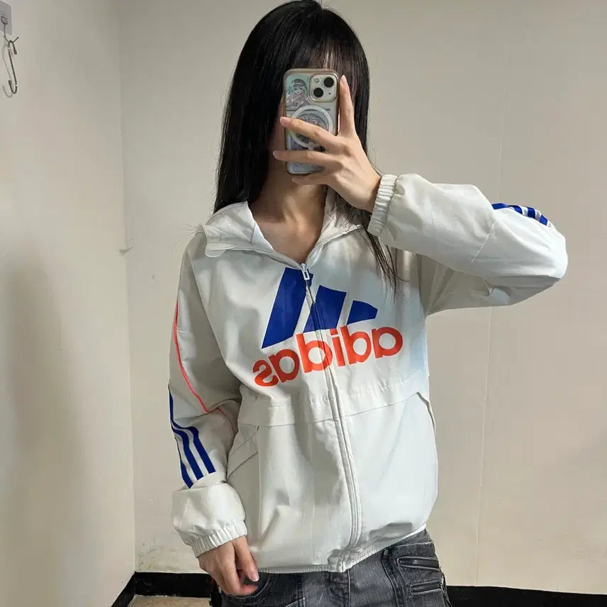 [BUNJANG] Adidas Old School Big Logo Hooded Windbreaker / 아디다스 올드스쿨 빅로고 화이트 후드 바람막이