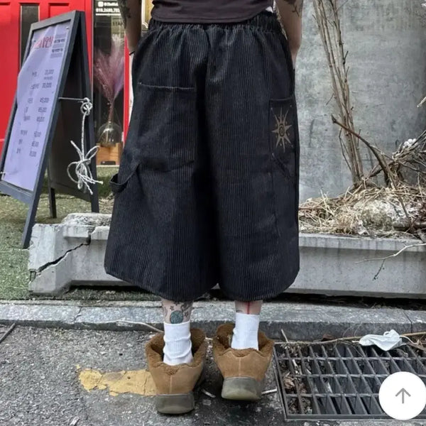 [BUNJANG] Ablley KIDO Wide Frame Rivet Print Balloon Bermuda Denim Pants / 에이블리 키도 와이드 프레임 리벳 나염 벌룬 버뮤다 데님 팬츠 교신