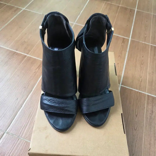 [BUNJANG] Time Black Leather Open-Toe High Heel Pumps (235) / 타임  블랙 가죽 여성구두(235)블랙 가죽 구두.하이힐.오픈토 .한섬