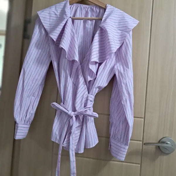 [BUNJANG] Lavender Stripe Frill Wrap Blouse / 라벤더 스트라이프 프릴 랩 블라우스