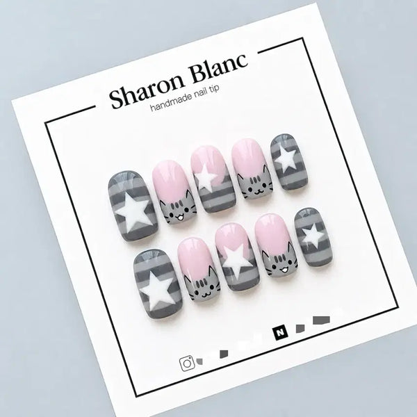 [BUNJANG] Puching Cat Striped Nail Tips (15 Shapes) / 푸쉰캣 단가라 네일팁 / 15종 쉐입