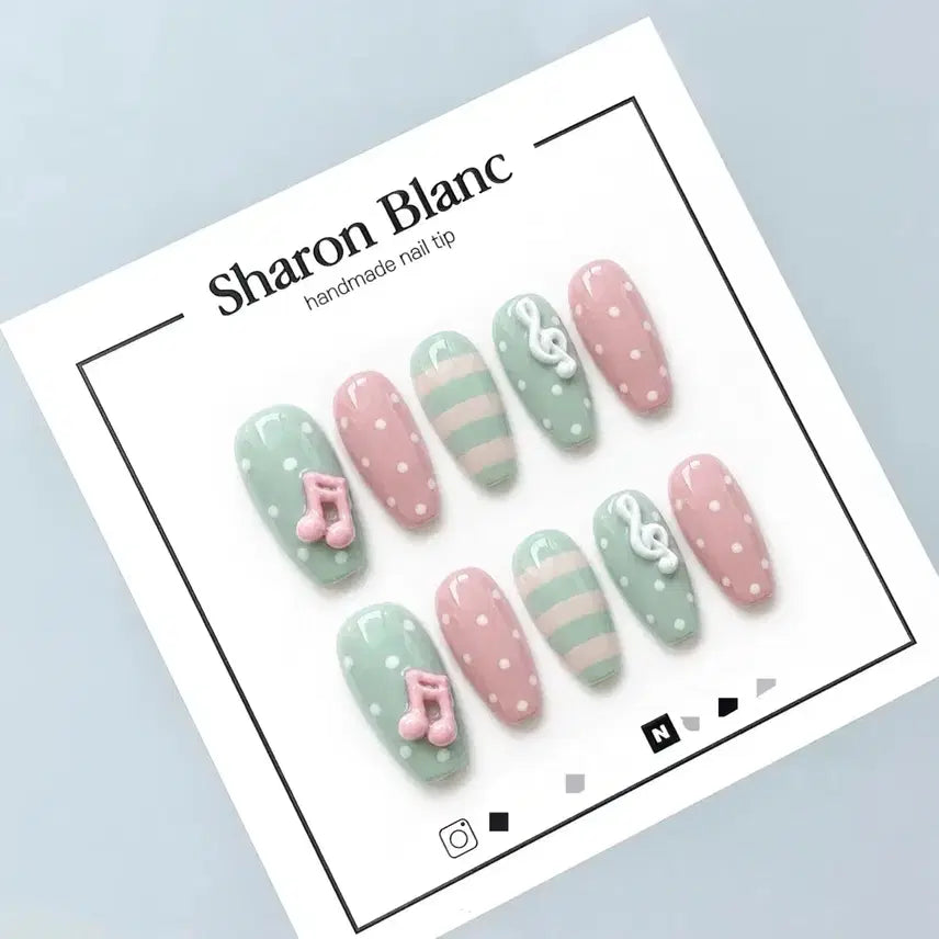 [BUNJANG] Mint & Pink Music Note Dot Nail Tips - 15 Shapes / 민트&핑크 음표 도트 네일팁 / 15종 쉐입