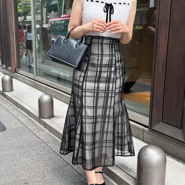 [BUNJANG] Anmille Sheer Check Mermaid Skirt / 안미르 Anmille 시어 체크 머메이드 스커트