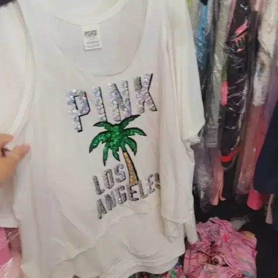 [BUNJANG] Pink Palm Tree Sequin Sleeveless T-Shirt / 핑크 팜트리 스팽글 빅토리아시크릿