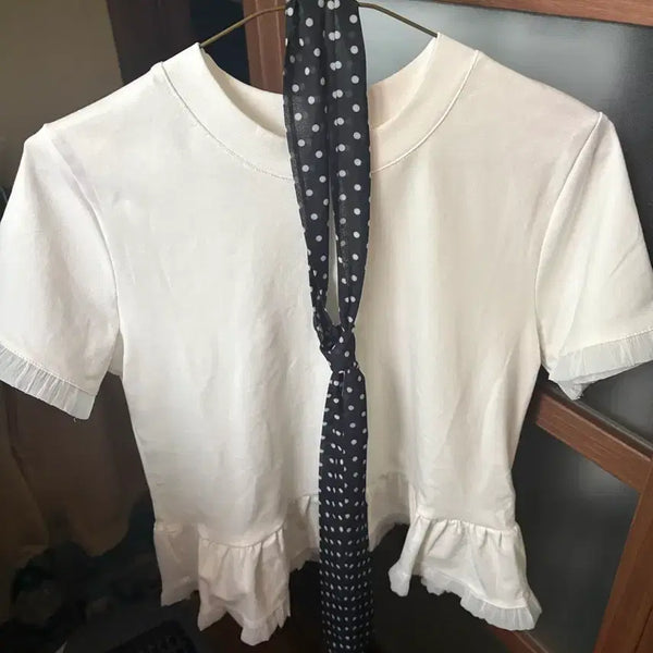 [BUNJANG] White Frill Dot Tie Set Blouse / 화이트프릴 도트타이세트