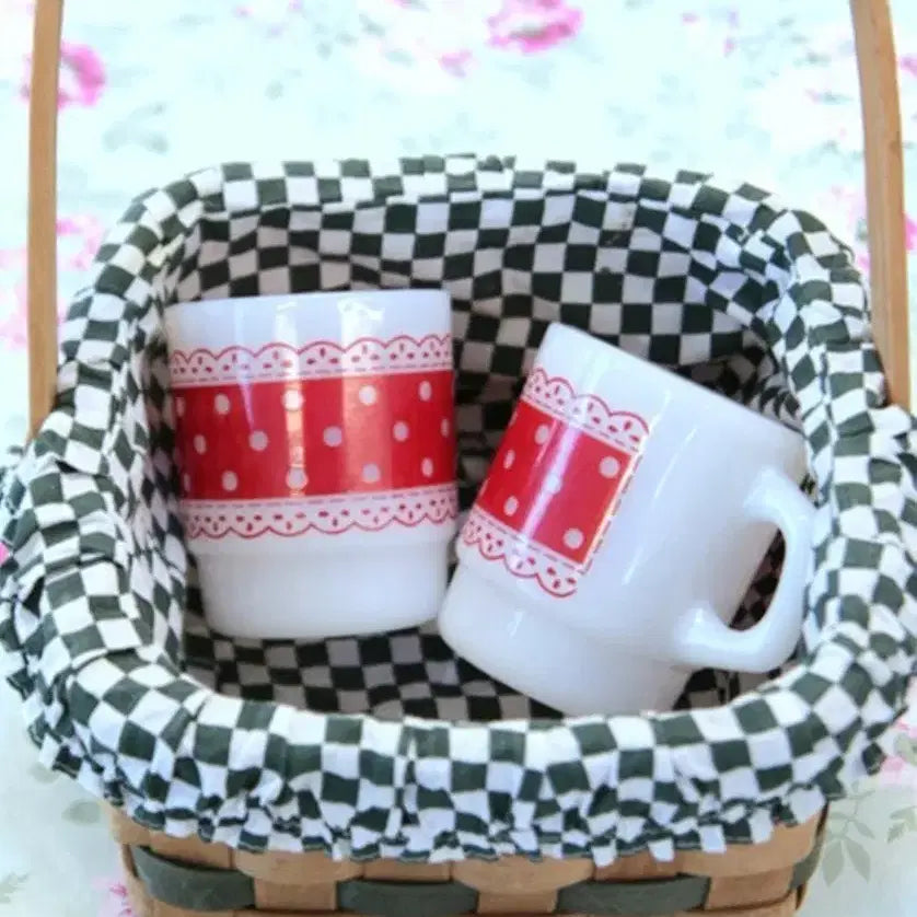 [BUNJANG] Vintage Green & White Gingham Fabric Handle Basket / 빈티지 그린_화이트 깅엄체크 패브릭의 핸들 바스켓