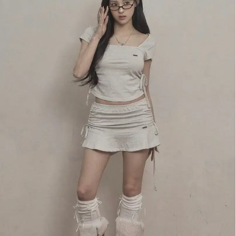 [BUNJANG] Khaki Point Ribbon Shirring Set / 카키포인트 리본 셔링 세트 멜란지