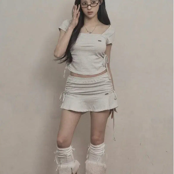 [BUNJANG] Khaki Point Ribbon Shirring Set / 카키포인트 리본 셔링 세트 멜란지