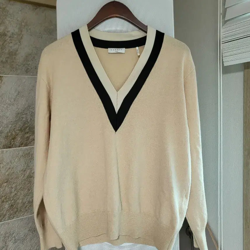 [BUNJANG] Sandro V-Neck Wool Cashmere Knit Beige Size 3 / 산드로 V넥 울 캐시미어 니트 베이지