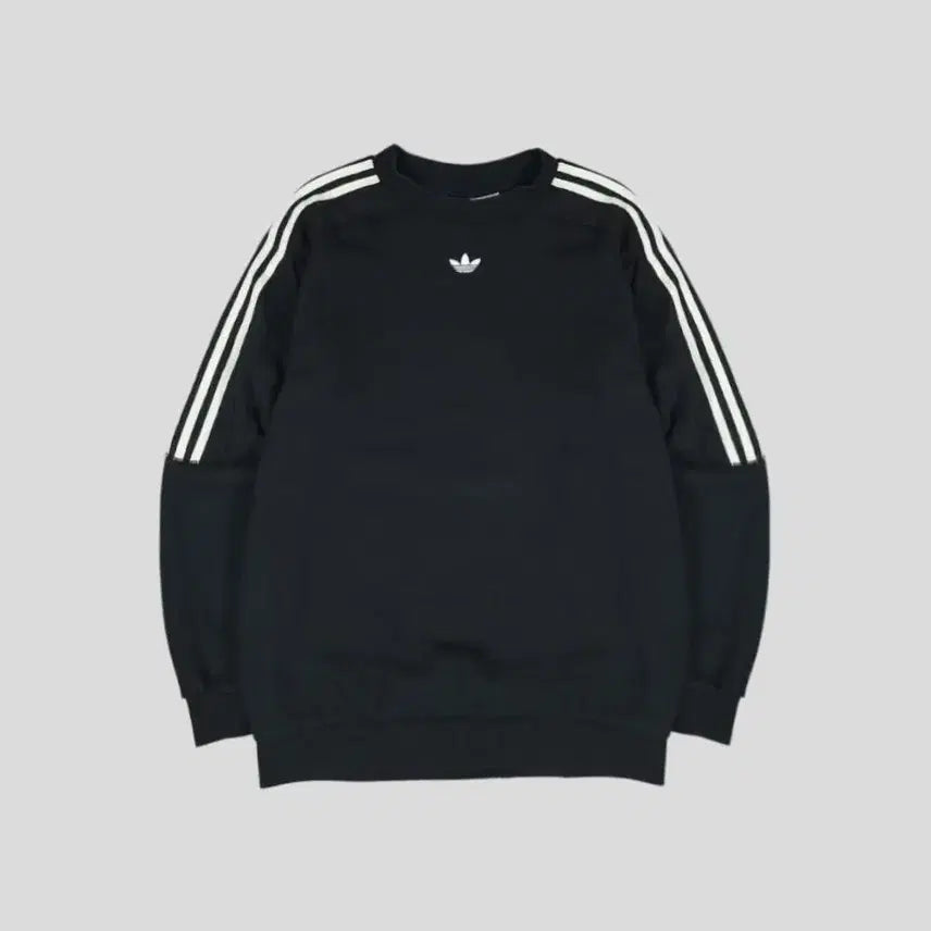 [BUNJANG] Adidas Trefoil Logo Half-Stripe Cotton Sweatshirt / 아디다스 블랙 화이트 트레포일로고 하프삼선 코튼 맨투맨 티셔츠 L