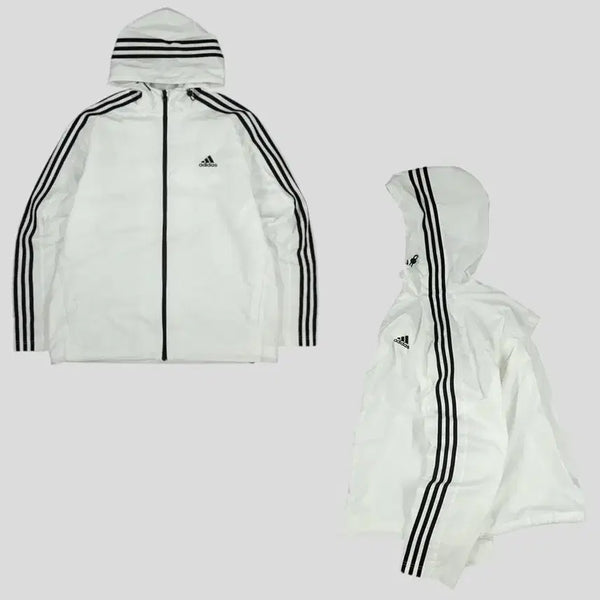[BUNJANG] Adidas White Black Logo Three-Stripes Inner Mesh Hooded Windbreaker / 아디다스 화이트 블랙 로고 삼선 이너메쉬 후드 바람막이 L-XL