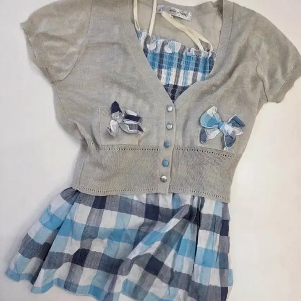 [BUNJANG] Balletcore Plaid Camisole Cardigan Set / 발레코어 체크무늬 나시가디건 세트