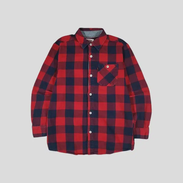 [BUNJANG] Levi's Pigment Red Navy Buffalo Check Logo Tab Chest Pocket Cotton Flannel Shirt - Women's L / 리바이스 피그먼트 레드 네이비 버팔로체크 로고탭 체스트포켓 코튼 플란넬 남방 셔츠 WOMANS L