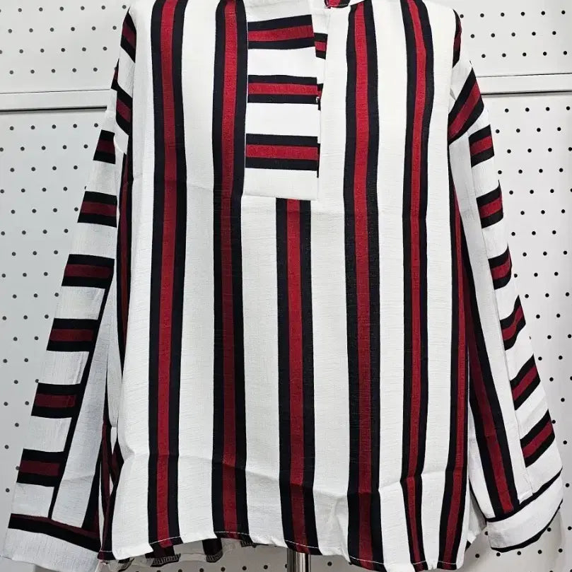 [BUNJANG] High Neck Loose Fit Asymmetrical Stripe Blouse / 하이넥 루즈핏 언발 블라우스 세로 스트라이프 블라우스