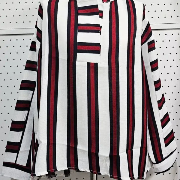 [BUNJANG] High Neck Loose Fit Asymmetrical Stripe Blouse / 하이넥 루즈핏 언발 블라우스 세로 스트라이프 블라우스
