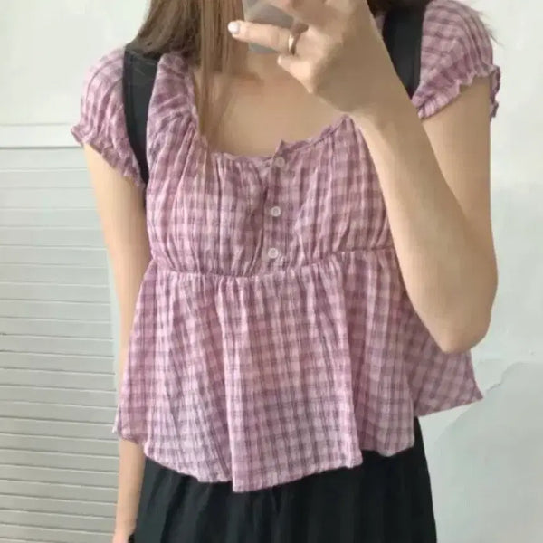 [BUNJANG] Pink Check Square Neck Short Sleeve Blouse / 핑크체크스퀘어넥 반팔 블라우스