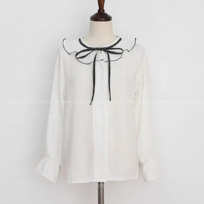 [BUNJANG] Frill Collar Color-Block Ribbon Blouse - White / (새상품) 프릴 카라 배색 리본 블라우스 화이트