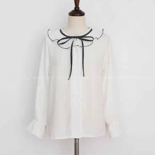 [BUNJANG] Frill Collar Color-Block Ribbon Blouse - White / (새상품) 프릴 카라 배색 리본 블라우스 화이트