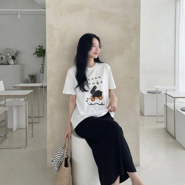 [BUNJANG] Rabbit Print Short Sleeve T-Shirt / 여름 래빗 프린팅 반팔티 반팔티셔츠 여름옷 기본티 에이블리 지그재그