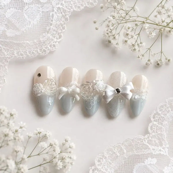 [BUNJANG] Handmade Nail Tips - Soft Blue Gradient with Rose Parts / 수제 네일팁