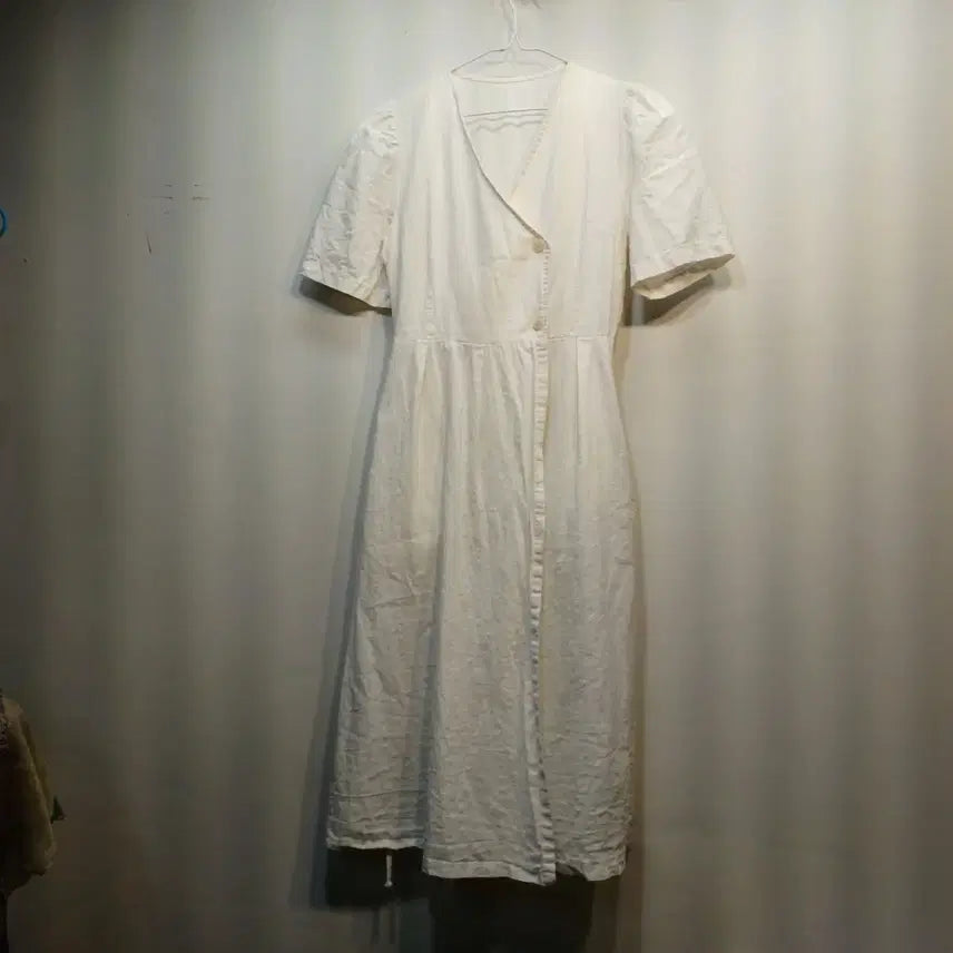 [BUNJANG] White Linen Button-Front V-Neck Dress / 화이트 린넨 여밈 원피스80~85사이즈    68034