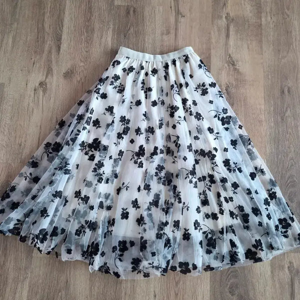 [BUNJANG] Sheer Floral Pattern Long Skirt / 시스루 플라워 패턴 롱 스커트