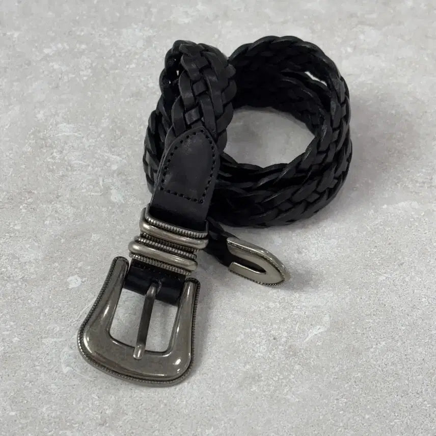 [BUNJANG] Italian Leather Mesh Pattern Western Belt - Black / 이탈리아 가죽 메쉬 패턴 웨스턴 벨트 빈티지 블랙
