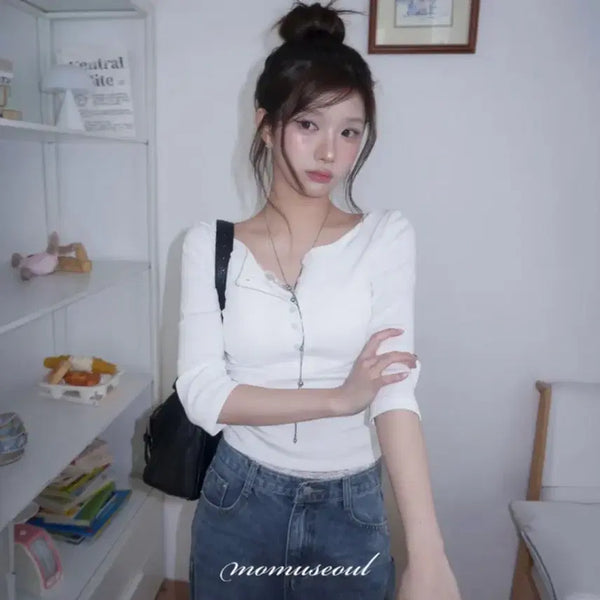 [BUNJANG] MODIMMOOD MOMU BASIC Henley 7-Sleeve T-Shirt / 모디무드 MOMU BASIC 헨리넥 7부 티셔츠