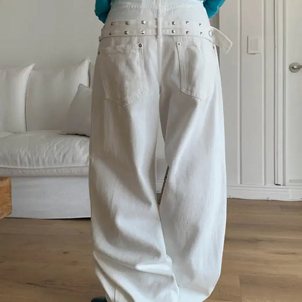 [BUNJANG] A-bly Studded White Wide Leg Denim Pants / 새상품) 에이블리 스터드 찡 백포인트 화이트 와이드 데님 팬츠