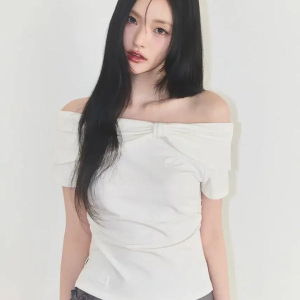 [BUNJANG] Illigo Bow Off-Shoulder T-Shirt White / 일리고 보우 오프숄더 티 화이트