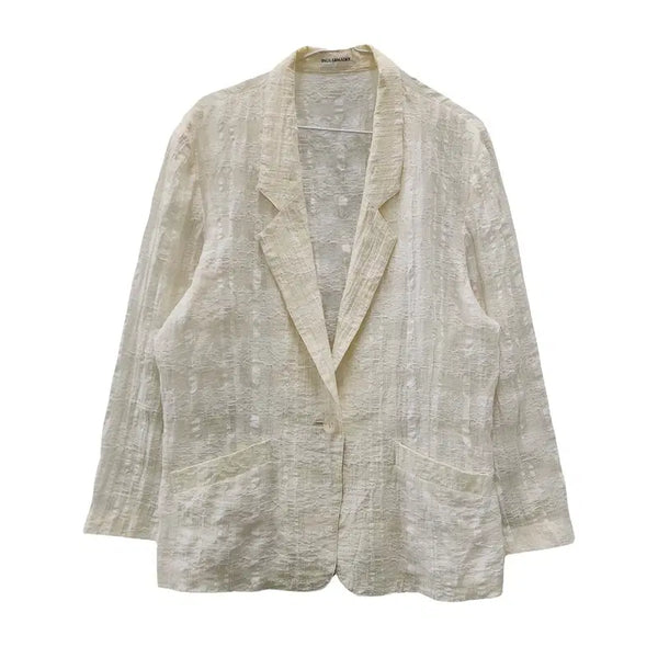 [BUNJANG] Vintage Jacquard Crinkle Chiffon Cream Blazer / 빈티지 자카드 크링클 섀도우 쉬폰 크림 블레이저