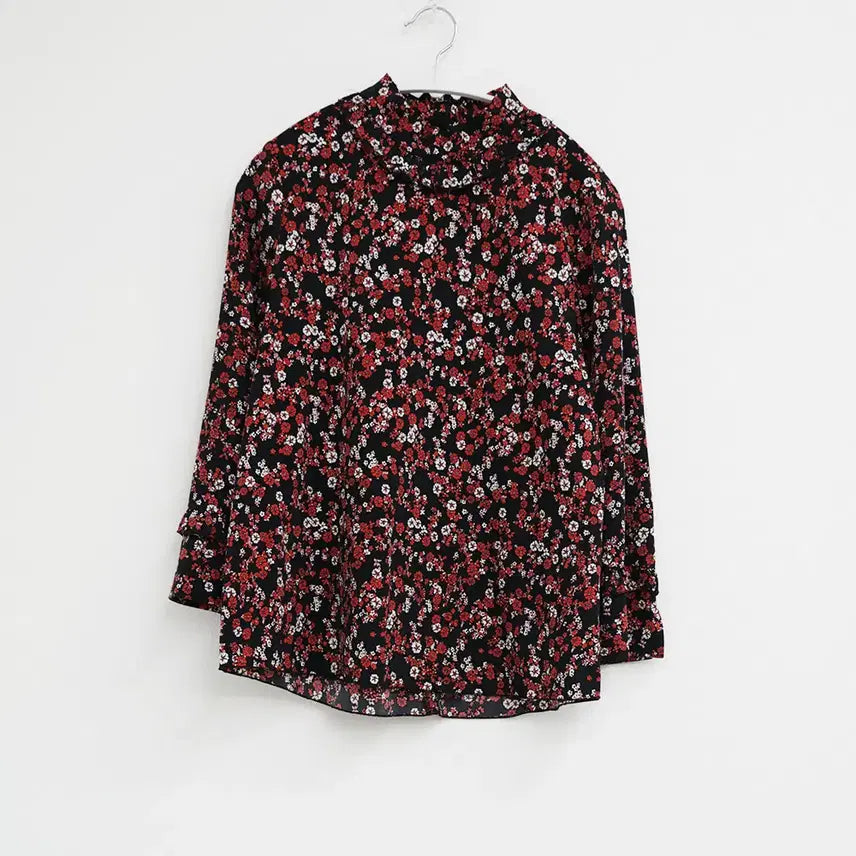 [BUNJANG] Black Red Flower Long Sleeve Blouse / 블랙 레드 플라워 긴팔 블라우스