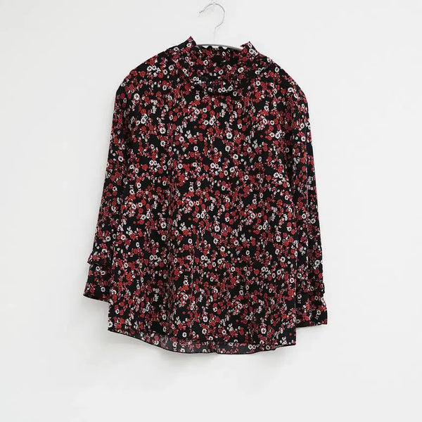 [BUNJANG] Black Red Flower Long Sleeve Blouse / 블랙 레드 플라워 긴팔 블라우스