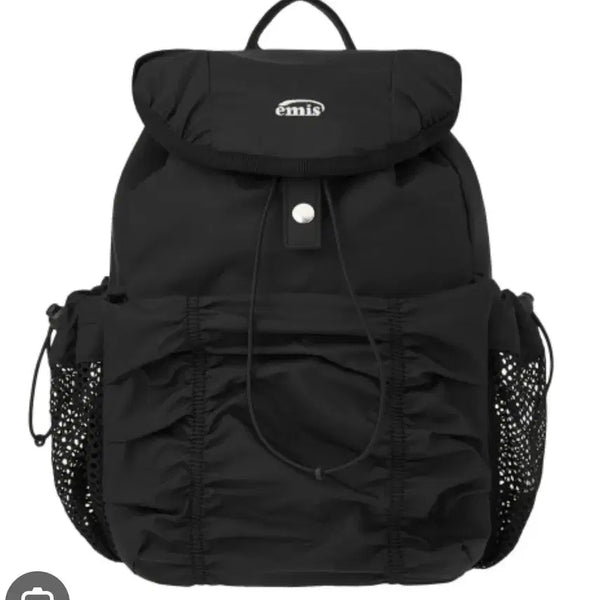 [BUNJANG] EMIS Shirring Detail Mesh Pocket Backpack Black / EMIS 에무스 백팩 블랙