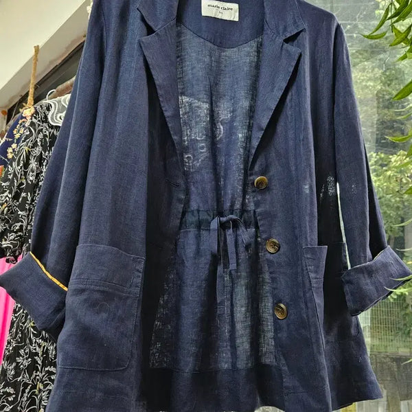 [BUNJANG] Marie Claire Navy Linen Long Sleeve Jacket / 마리끌레르 네이비 린넨/마 긴팔 자켓(55)