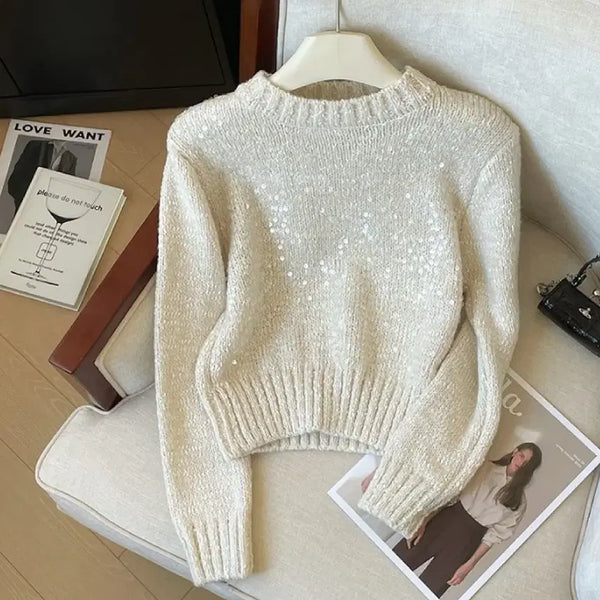 [BUNJANG] Sequin Round Neck Crop Knit (Ivory, 2 Types) / [새상품/원가이하] 스팽클 라운드넥 크롭 니트 아이보리 2 types