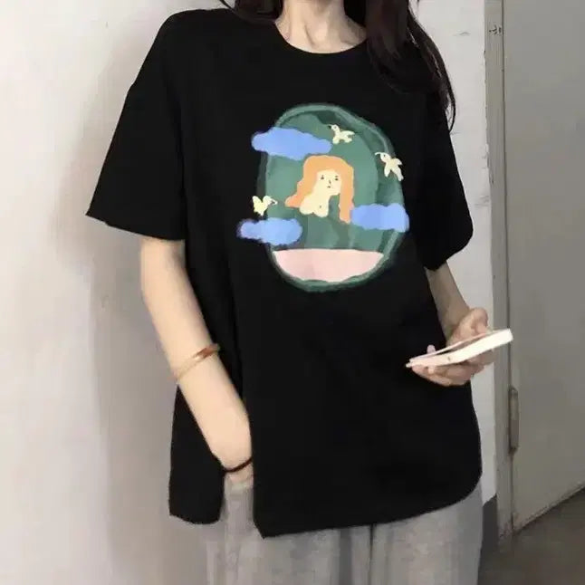 [BUNJANG] Black Printed Side Slit T-Shirt / (새상품) 박스티 블랙 프린팅 옆트임 티