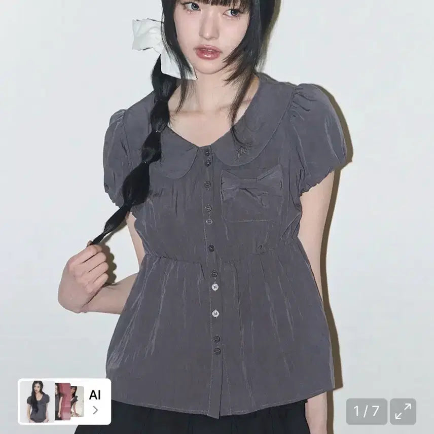 [BUNJANG] Illygoe Foaming Ribbon Puff Blouse Charcoal / 일리고 포밍 리본 퍼프 블라우스 차콜