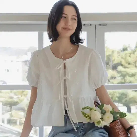 [BUNJANG] Till E.Dye White Ribbon Blouse / 틸아이다이 화이트 리본 블라우스 FREE