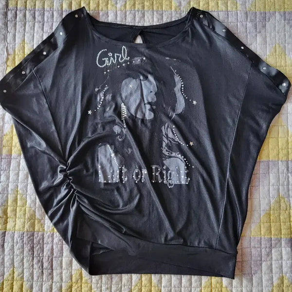 [BUNJANG] Black Shirring Printing T-Shirt / 블랙 셔링 프린팅 티셔츠 (55 66)