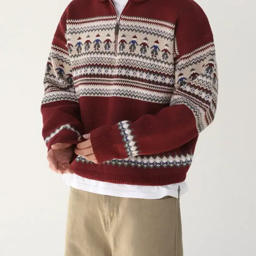 [BUNJANG] Nordic Half-Zip Wool Knit Sweater (Oversized Fit) / 오버핏 노르딕 울 반집업 니트 스웨터