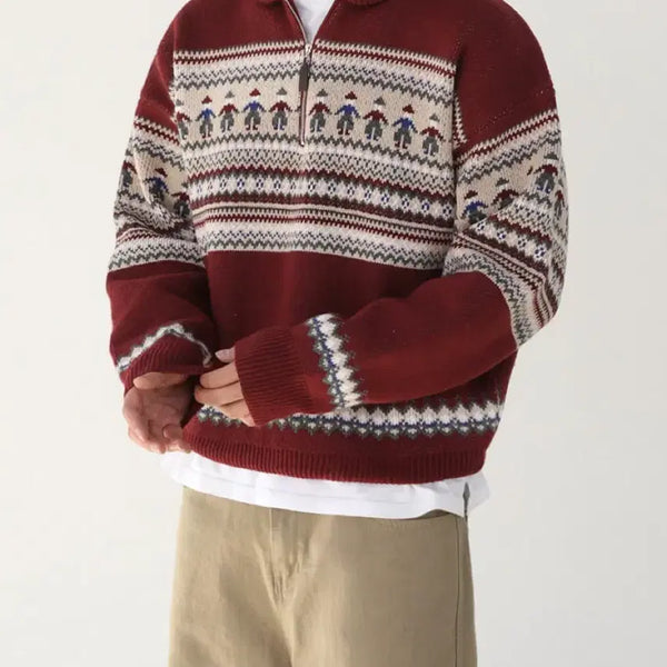 [BUNJANG] Nordic Half-Zip Wool Knit Sweater (Oversized Fit) / 오버핏 노르딕 울 반집업 니트 스웨터